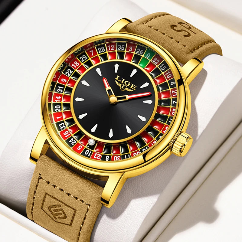 LIGE Casino Roulette Dial Men Watch Retro Brown Leather Strap Waterproof Quartz Watches for Men Business Casual Wrist Gift Watch