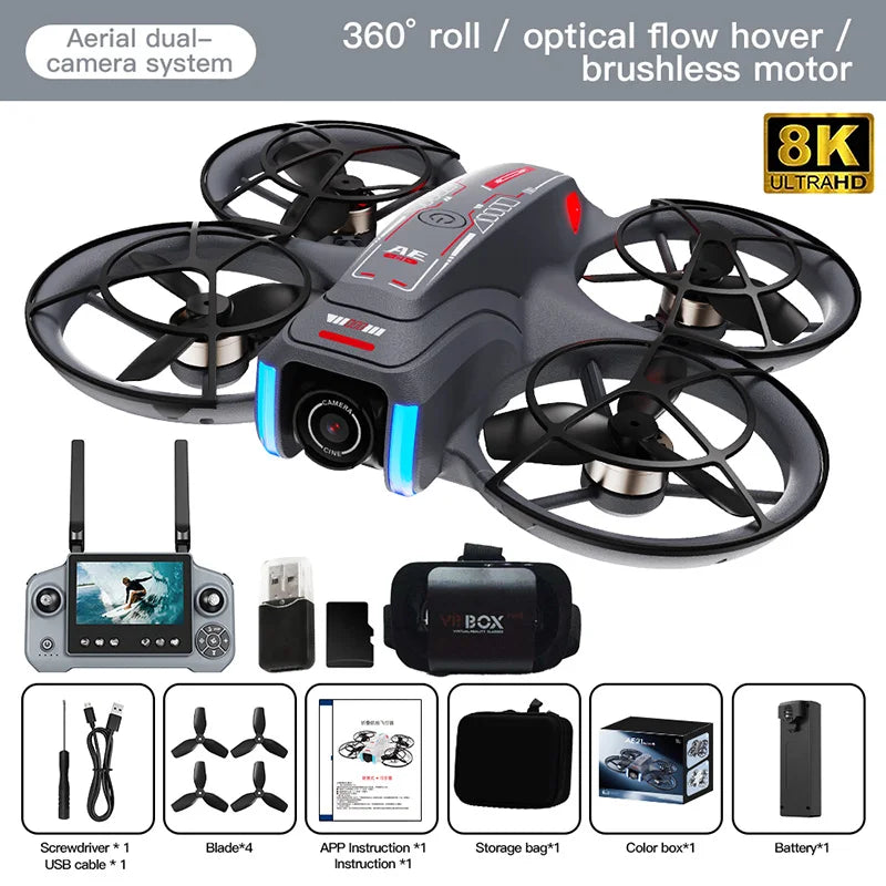 Mini Drone 8K HD-VR Cámara dual 180° ESC Flujo óptico Evitación de obstáculos Motor Drone UAV Control remoto Quadcopter Juguete universal