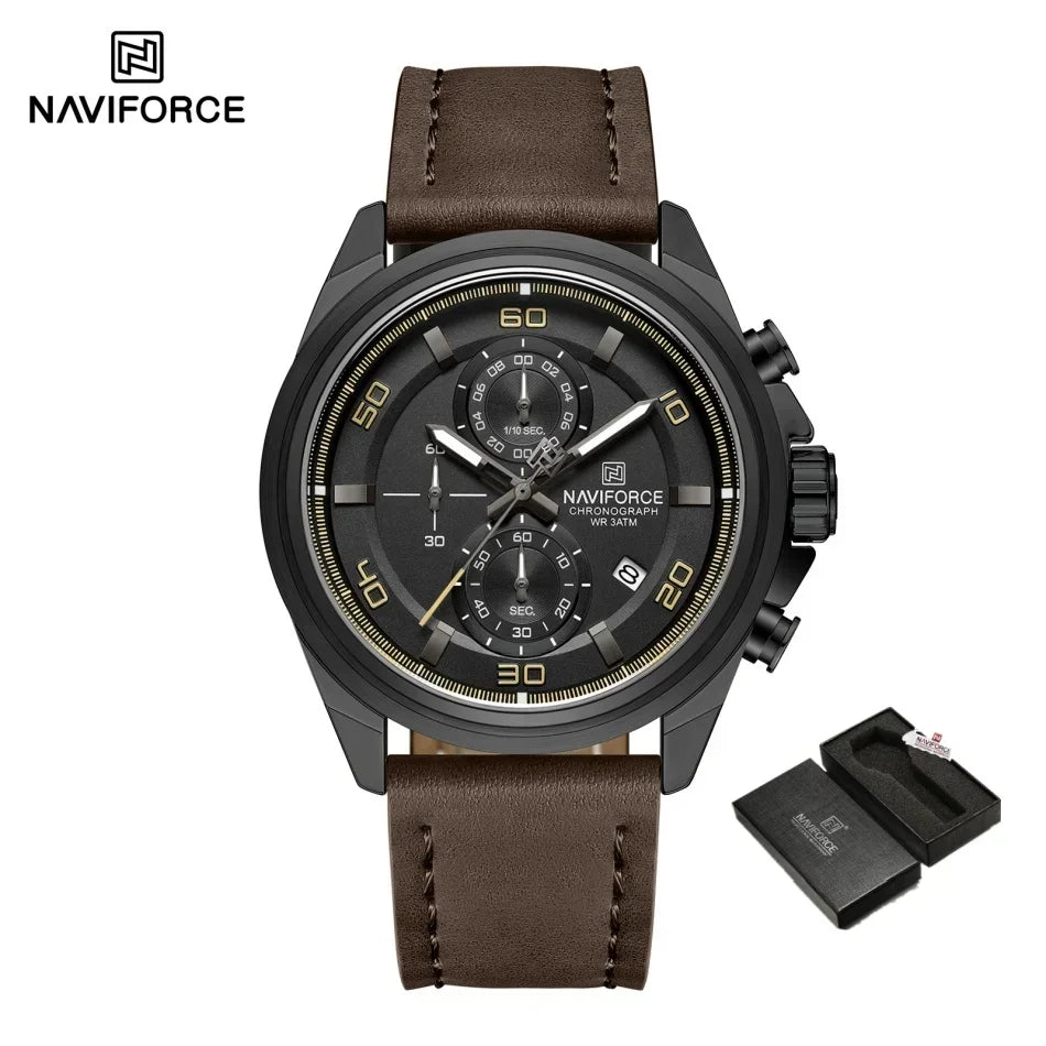 Reloj de pulsera para hombre NAVIFORCE, original, de negocios, de lujo, con correa de cuero, cronógrafo deportivo, resistente al agua 3ATM, de cuarzo