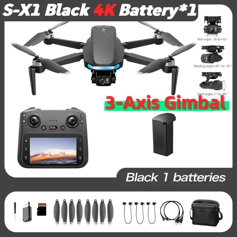Dron negro con cámara en gimbal de 3 ejes, batería y accesorios incluidos