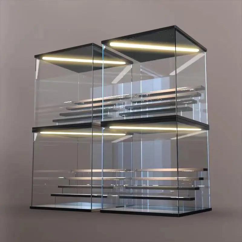 Vitrina de acrílico transparente para figuras con luces LED, caja de almacenamiento a prueba de polvo con escalones, expositor para juguetes y modelos de coches