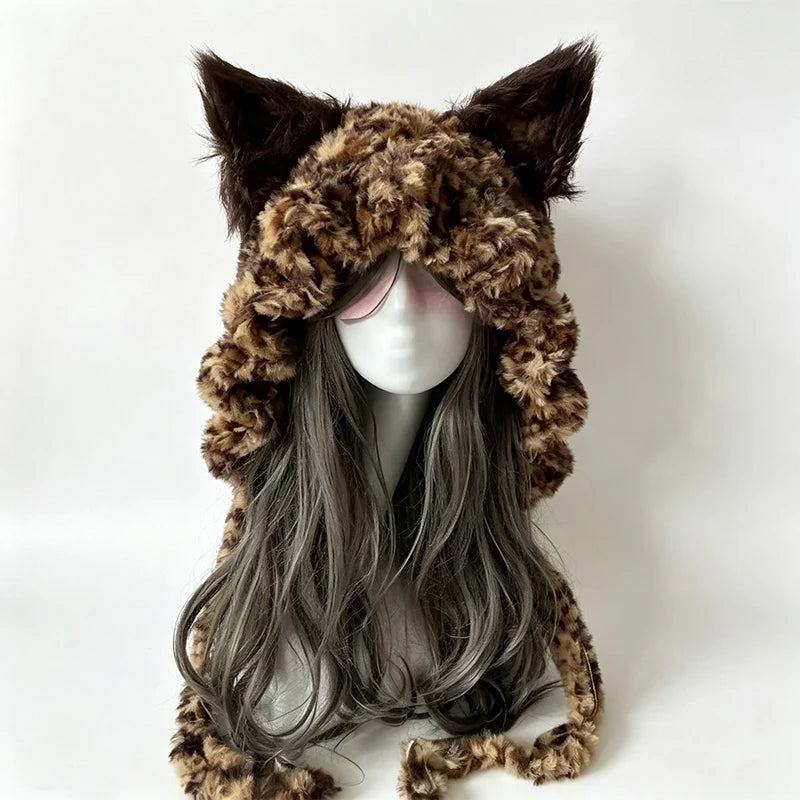 Gorro de Orejas de Zorro Verde Musgo Hecho a Mano Personalizado para Mujer, Gorro de Punto Floral de Felpa, Gorro de Invierno Cálido Estilo Goblincore para Hombre