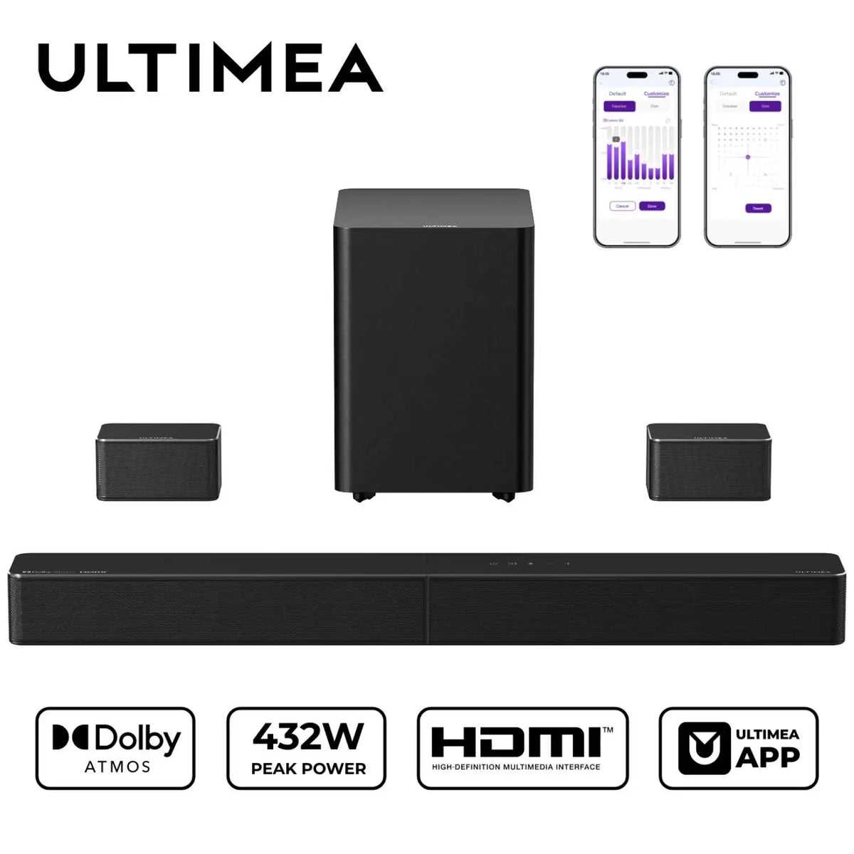 Barra de sonido ULTIMEA 7.1 con tecnología Dolby Atmos, sistema de sonido envolvente inalámbrico, subwoofer inalámbrico de 6,5 pulgadas y altavoces traseros para sonido envolvente.
