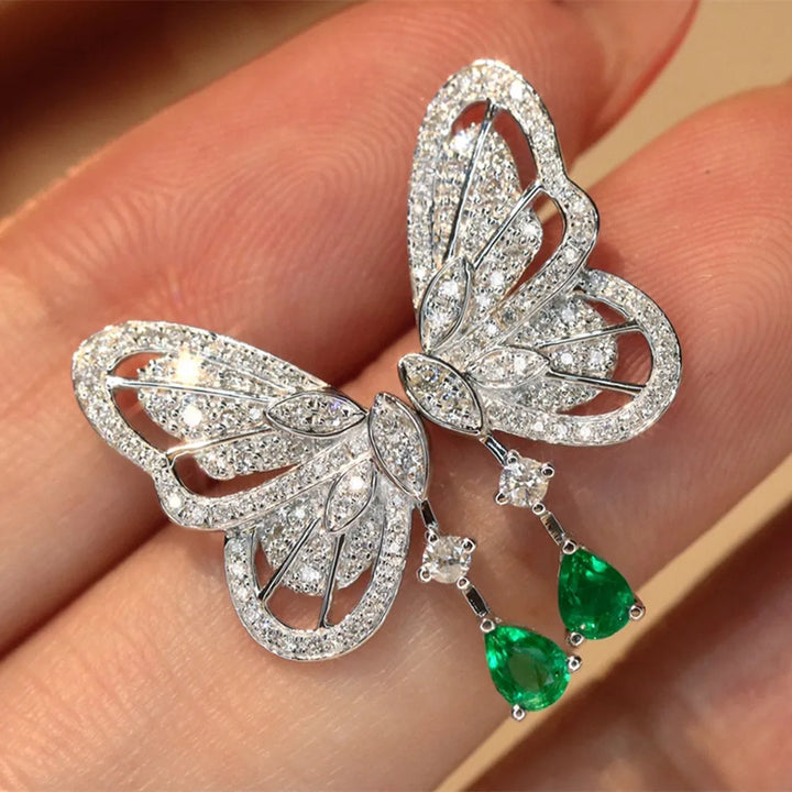 UBESTNICE romántico Real 18K joyería de oro blanco sólido AU750 diamantes naturales Esmeralda mariposa pendientes colgantes para mujer regalo de fiesta