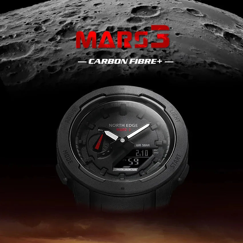 NORTH EDGE Carbon Fiber Case Men Watch MARS3 Stopwatch World Time Waterproof Quartz Wristwatch Electronic Watch for Men with BOX
