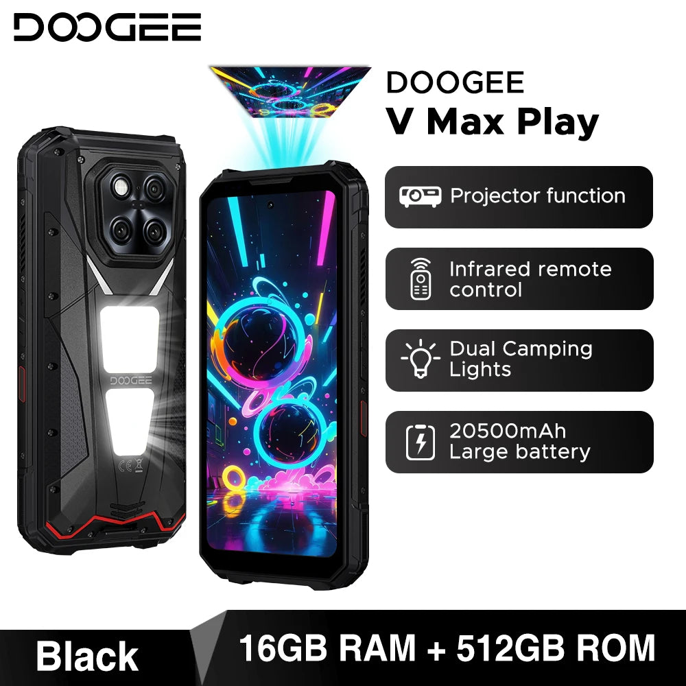 Estreno mundial del smartphone ultra resistente DOOGEE V Max Play 5G con proyector, 20500mAh, luces de camping duales, Dimensity 7300, 16GB+512GB y NFC