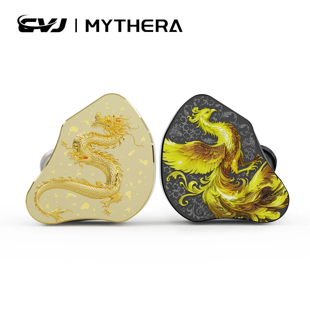 Auriculares intrauditivos híbridos con carcasa dorada y negra, grabado de dragón.