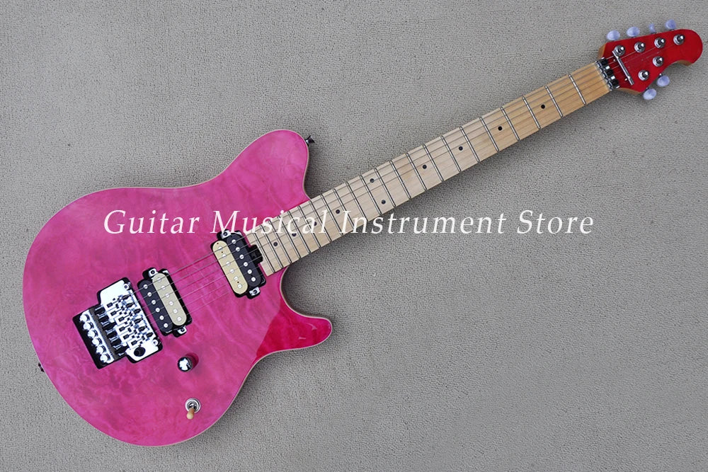 Guitarra Eléctrica Rosa de 6 Cuerdas con Chapa de Arce Acolchada, Puente de Trémolo y Acabado Brillante, Oferta Personalizable GMIS-2066