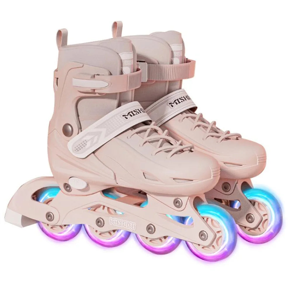 Patines en línea brillantes de cuatro ruedas, equipados con accesorios: bolsa portátil, tamaño ajustable, adecuados para mujeres, hombres, niños y niñas, calzado deportivo para patinaje al aire libre para principiantes.