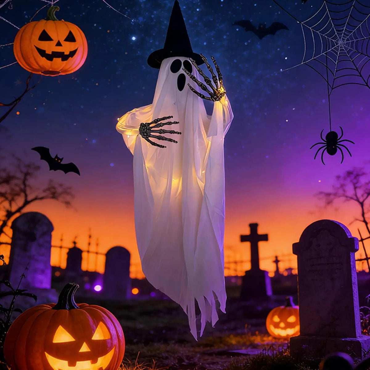 Large LED Glowing Hanging Ghost Decoration Swing Spooky Skull Ornament Reusable Prop for Haunted House Halloween Party Decor