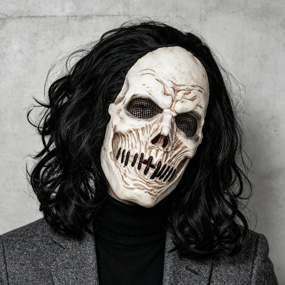 Máscara de Calavera de Pelo Largo Negro, Perfecta para Fiestas, Bromas de Halloween, Bailes de Máscaras y Fiestas de Carnaval, Hecha de Látex, Suave y Duradera