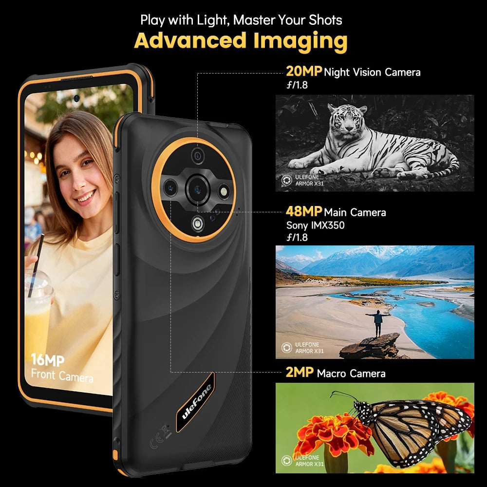 Teléfono robusto Ulefone Armor X31, 6.56'', 12 GB RAM + 128 GB ROM, cámara nocturna de 48 MP, Android 14, NFC, emisor de infrarrojos, smartphone 4G, versión global