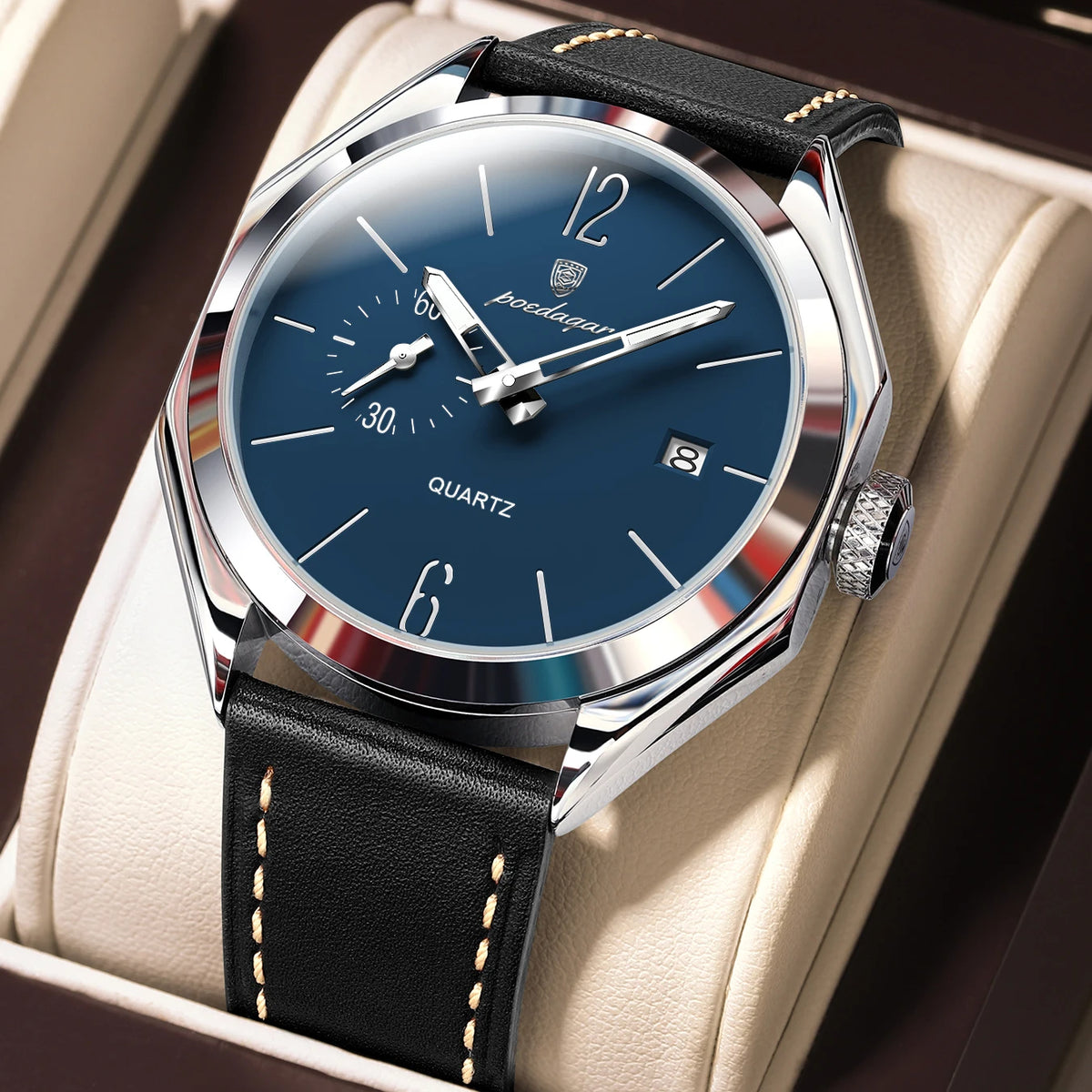 Reloj de pulsera original de cuarzo para hombre POEDAGAR, de piel, para negocios, resistente al agua, con fecha luminosa, reloj elegante para hombre.