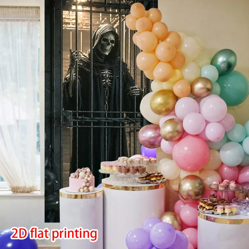 1 unidad, Cortina gótica 2D plana con diseño de calavera y jaula, ideal para fiestas de Halloween, uso interior/exterior, wsj