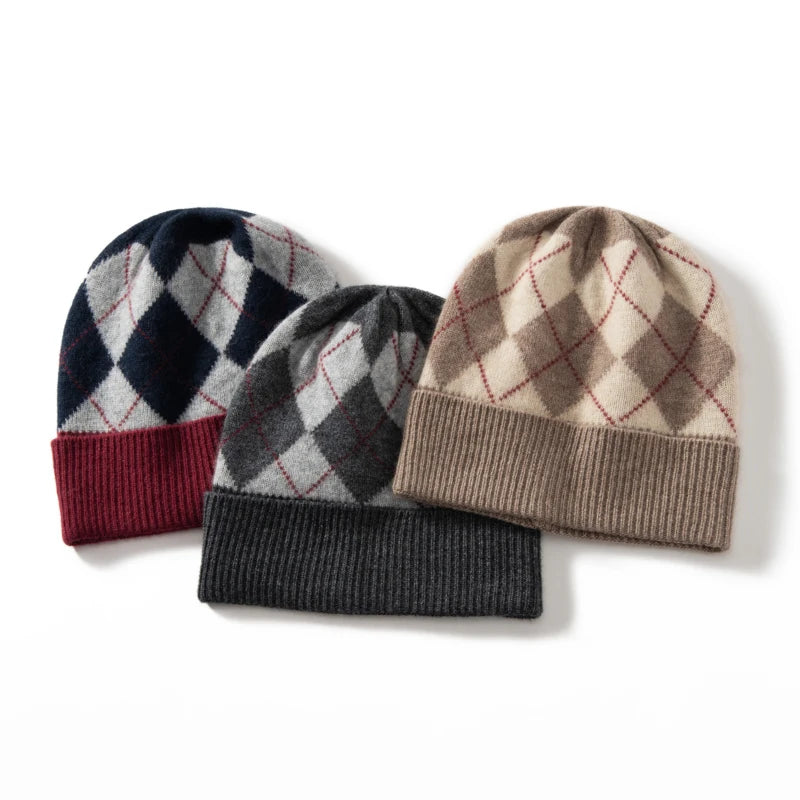 MERRILAMB-gorros a cuadros tonificantes para hombre y mujer, gorro informal suave de Cachemira 100%, gorros de punto a la cadera, gorros cálidos para Otoño e Invierno