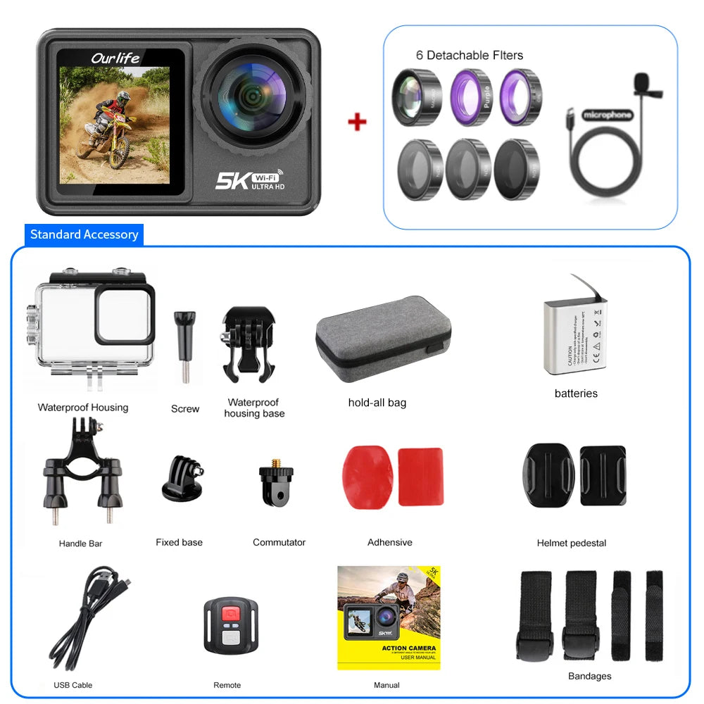 Cámara de Acción Ourlife MTR81 5K30FPS EIS con Pantalla Táctil de 2.0'', Resistente al Agua hasta 30M, WiFi, Zoom 5X, Cámara Deportiva para Casco con Control Remoto