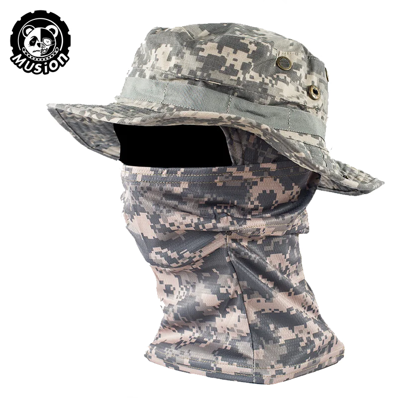 Conjunto de gorro de pescador con ala ancha y pasamontañas de camuflaje Musion para hombre, gorra tipo boonie para exteriores, sombrero de protección solar para pesca