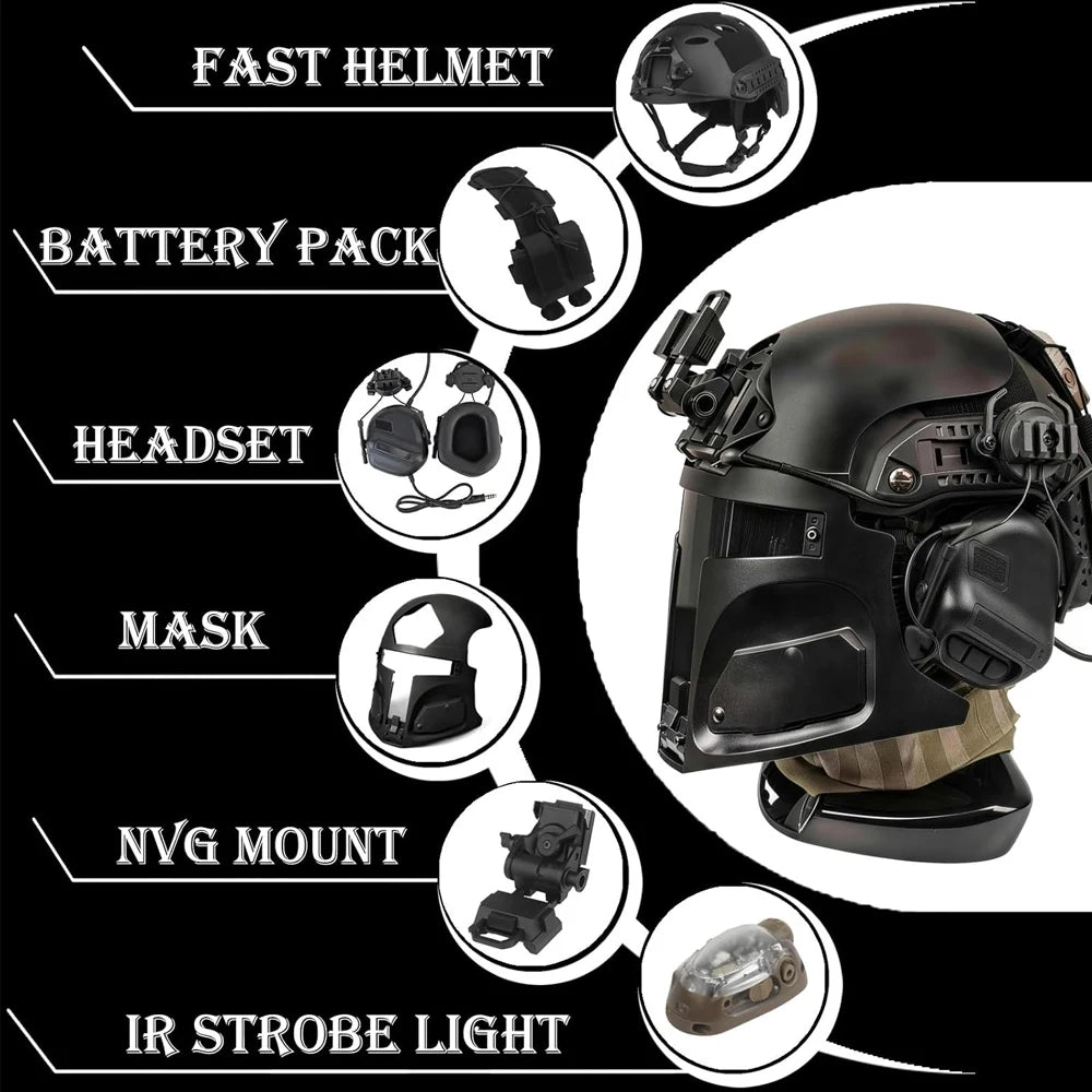 Casco de Cazador de Recompensas Galáctico 6 en 1 con Auriculares, Luz de Señalización, Casco Táctico Rápido, Máscara Futurista, Set de Cosplay de Ciencia Ficción y Airsoft