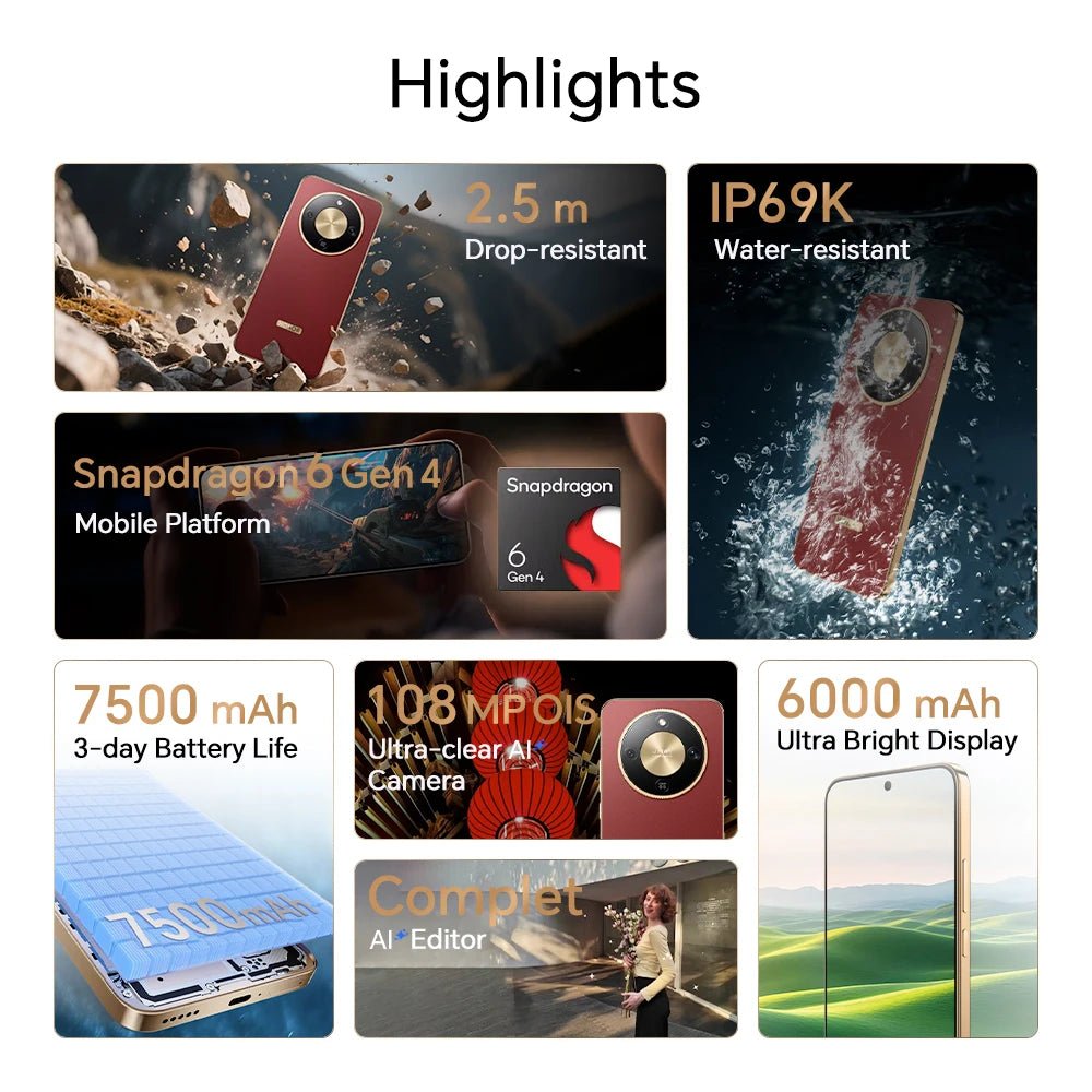 Smartphone HONOR Magic 8 Lite versión EU 5G, 108MP OIS AI, eSIM, resistente a caídas de 2,5 m, resistente al polvo IP69K, 7500 mAh, Snapdragon 6 Gen4