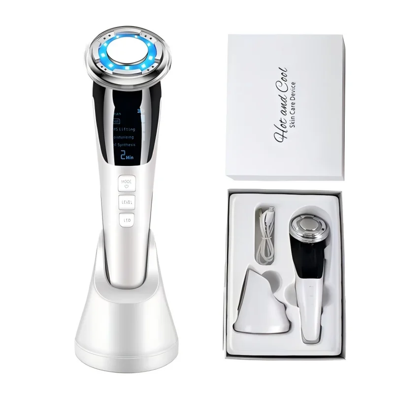 Dispositivo facial 4 en 1 con microcorriente, masaje refrescante, luz roja y azul, kit de masaje facial y de cuello con fotones para el cuidado de la piel en casa.