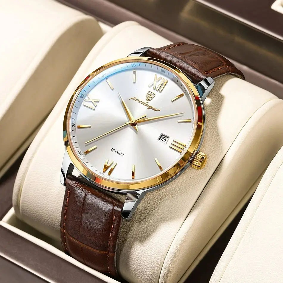 Reloj de pulsera de lujo para hombre POEDAGAR, luminoso, resistente al agua, con fecha, correa de piel, reloj de cuarzo a la moda para hombre Reloj Hombre