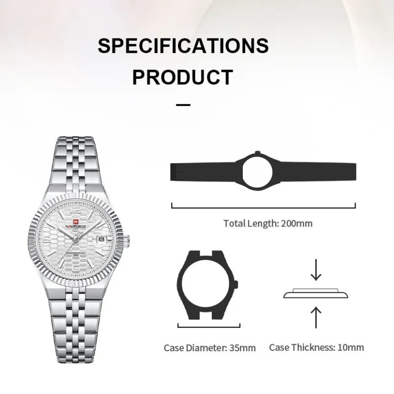 Reloj de mujer NAVIFORCE NF5079 de cuarzo, deportivo, resistente al agua, de alta calidad, con correa de acero, romántico, para dama