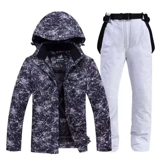 -30 Conjuntos de trajes de nieve blancos para hombres o mujeres Ropa de invierno al aire libre Ropa de snowboard Disfraces impermeables Chaqueta de esquí + Baberos de pantalón de nieve