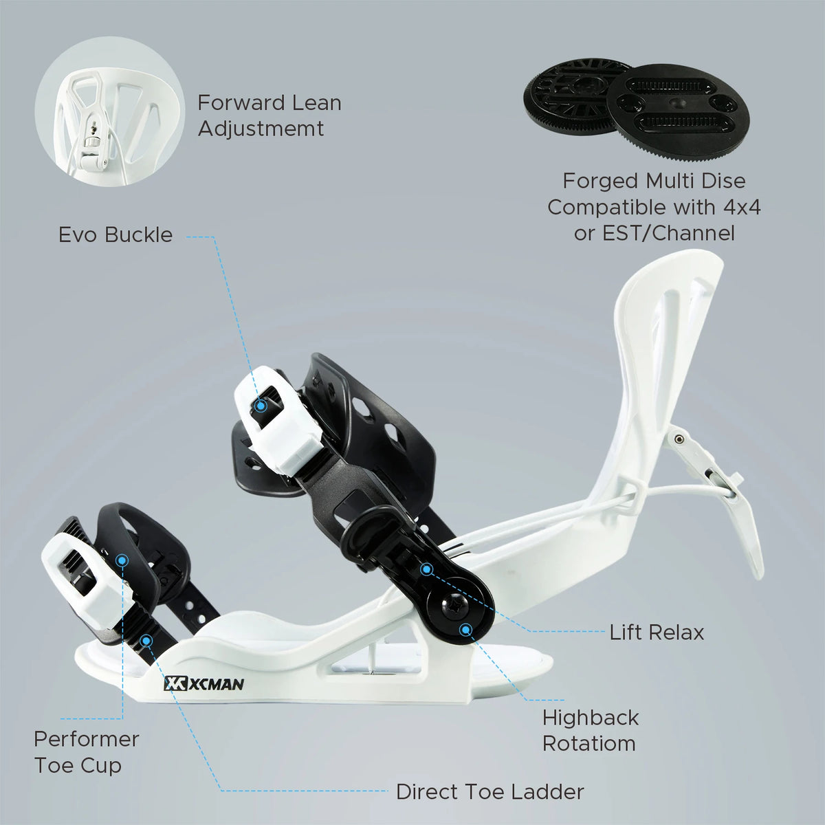 Fijaciones de Snowboard XCMAN All Mountain Freeriding Quick, Alta Flexibilidad, Compatibles con 4x4 o EST/Channel