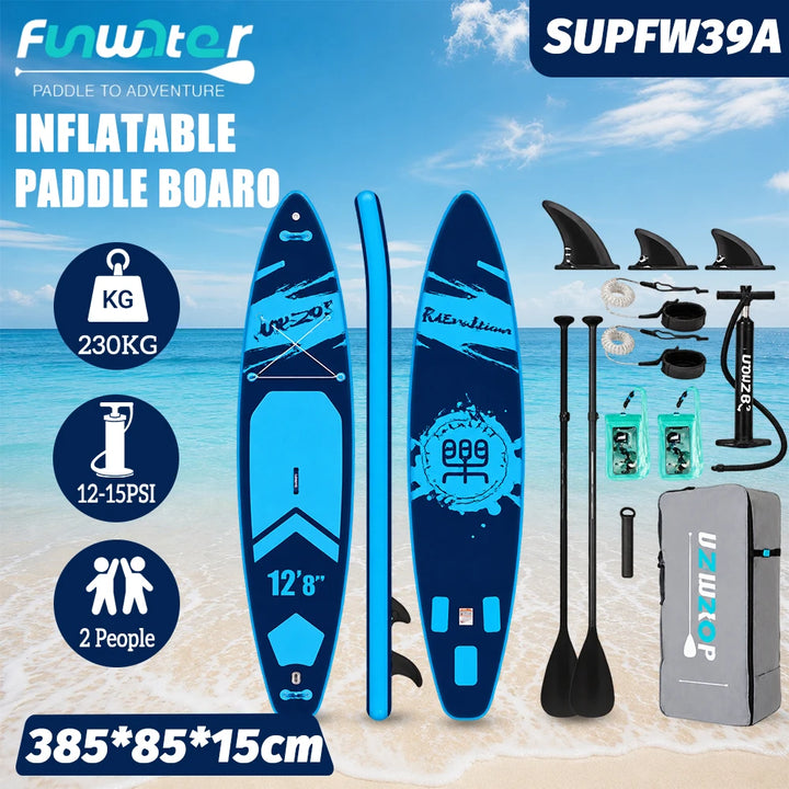 Tabla de paddle surf inflable Funwater (385x85x15 cm), capacidad de carga de 230 kg, superficie antideslizante, incluye 2 remos, 2 correas de seguridad, 2 bolsas impermeables, soporte para GoPro, bomba de aire y mochil