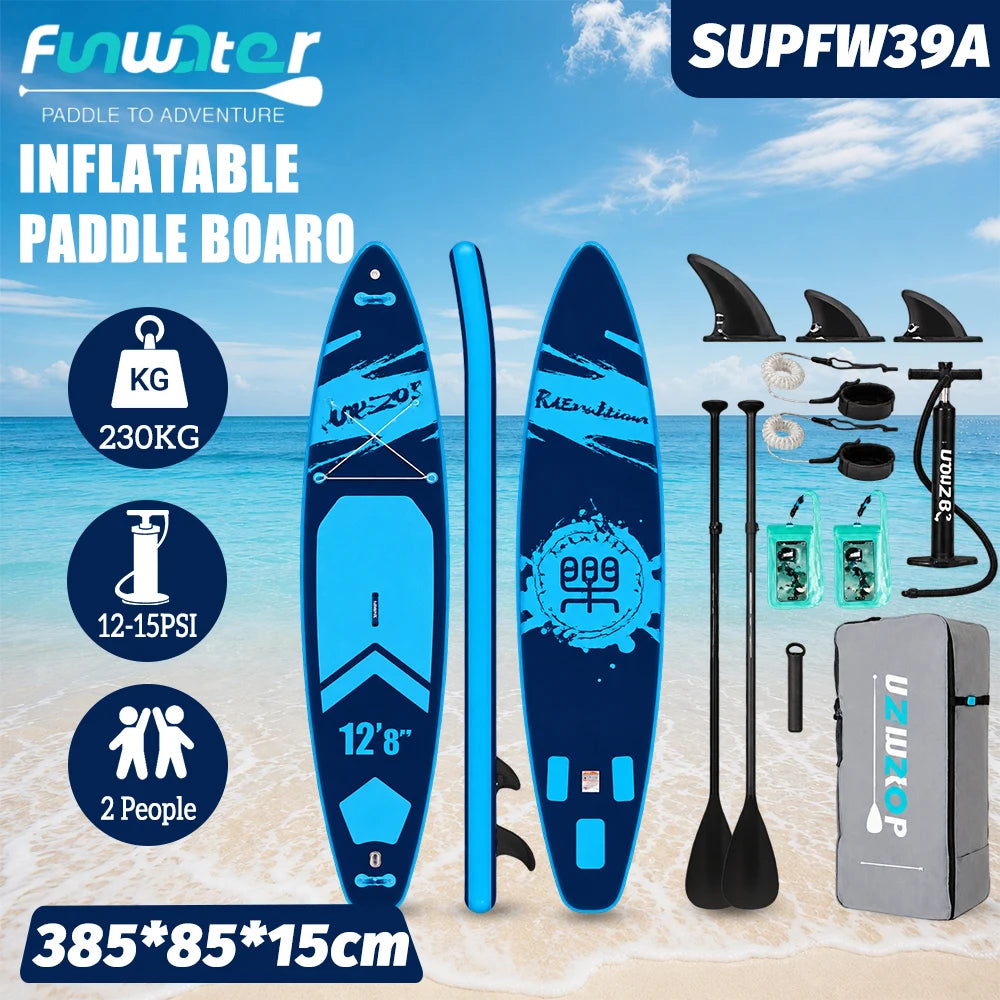Tabla de paddle surf inflable Funwater (385x85x15 cm), capacidad de carga de 230 kg, superficie antideslizante, incluye 2 remos, 2 correas de seguridad, 2 bolsas impermeables, soporte para GoPro, bomba de aire y mochil