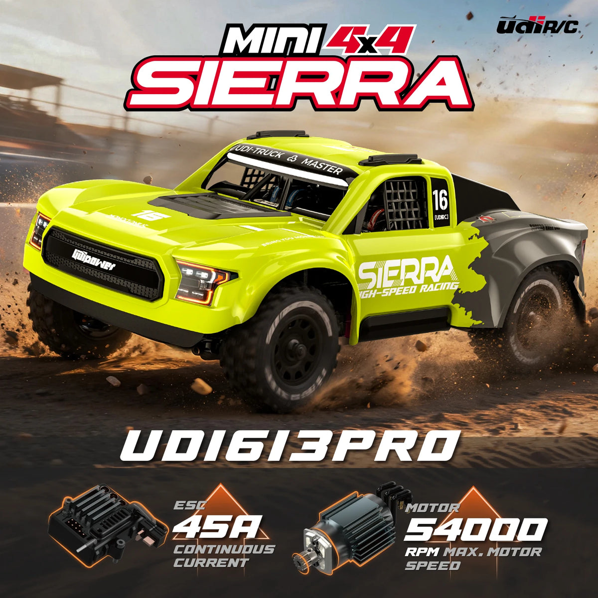 UDIRC 1/16 SIERRA UD1613 UD1613PRO 4WD Camión RC sin escobillas para desierto, rápido, todoterreno, para pista RC, camión corto, modelo RC, juguetes.
