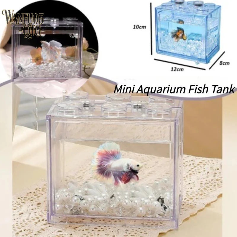 Mini acuario de acrílico para peces, caja para mascotas reptiles, pecera apilable, cilindro de paisaje con algas para decoración de hogar y oficina