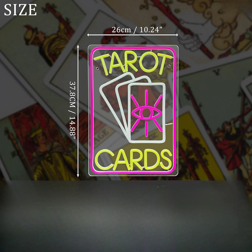 Letrero de neón USB con tarjetas del tarot, diseño cuadrado con marco rosa y letras amarillas