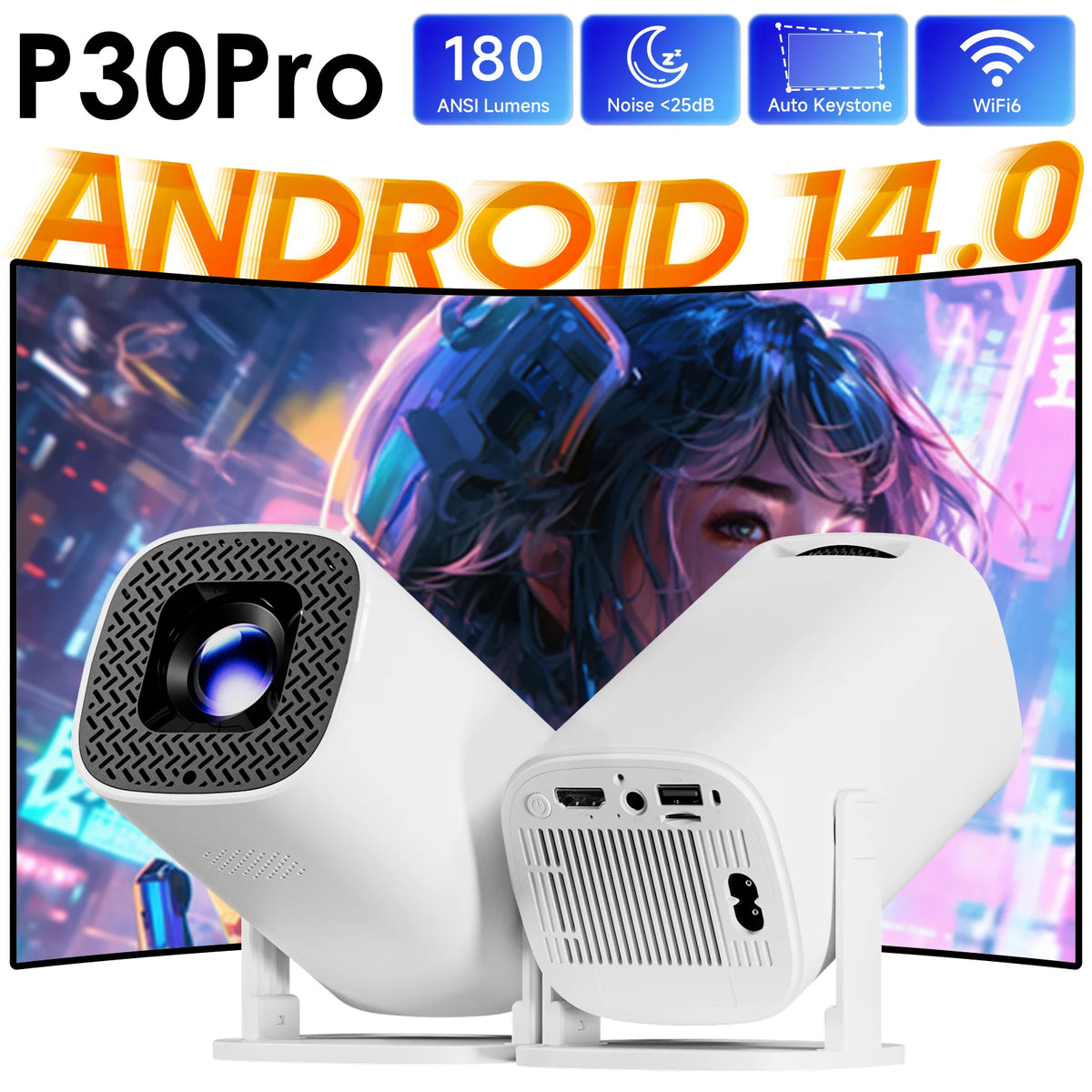 Proyector mini inteligente blanco con lente circular y rejilla de altavoz frontal