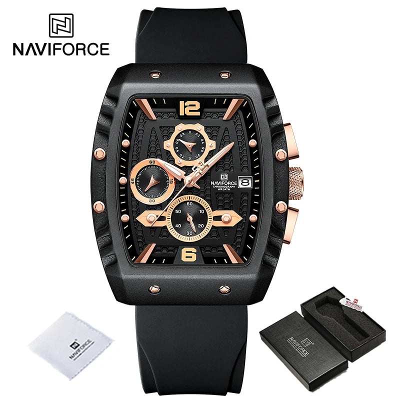 Reloj de cuarzo multifunción NAVIFORCE para hombre, deportivo, resistente al agua, con correa de silicona, calendario y cronógrafo, modelo NF8025
