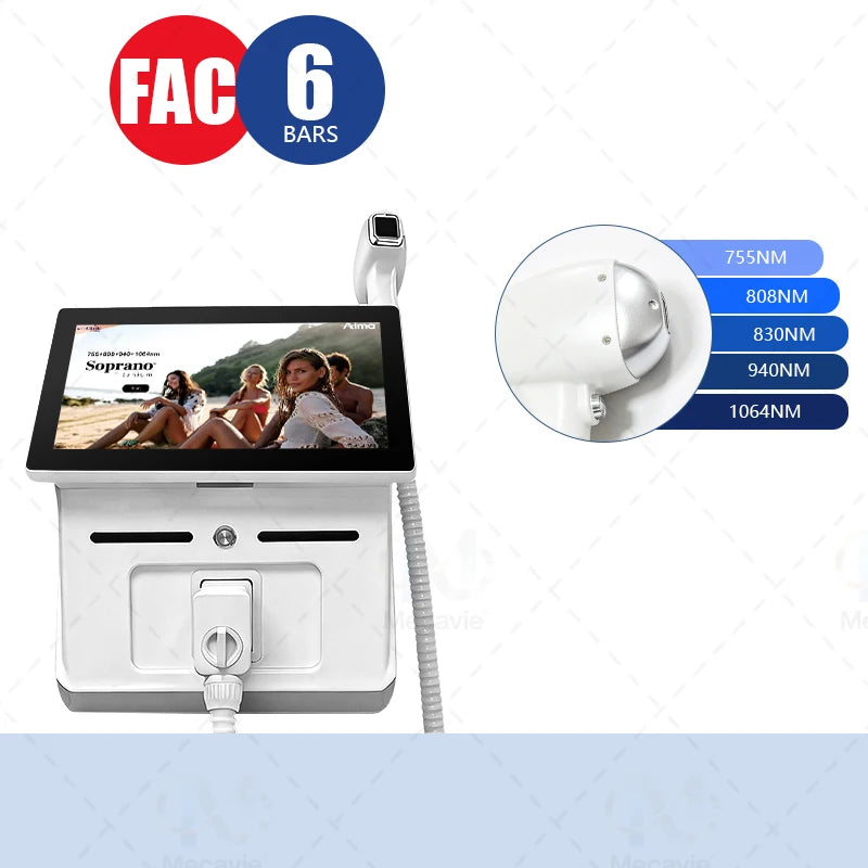 Máquina de depilación láser de diodo Mecavie 6 longitudes de onda 6000W 10 barras tecnología FAC refrigeración TEC puntas intercambiables pantalla táctil múltiples idiomas monitoreo en tiempo real certificada CE RoHS U