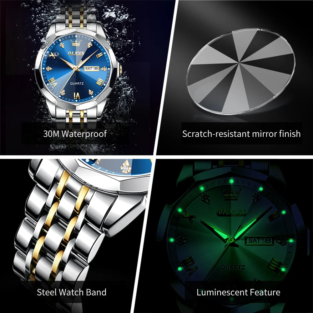 OLEVS 9931 Hot Sale Watches for Man Fashion Rhombus Mirror Solid Steel Strap Date Waterproof Luminous Original Quartz Man Watch