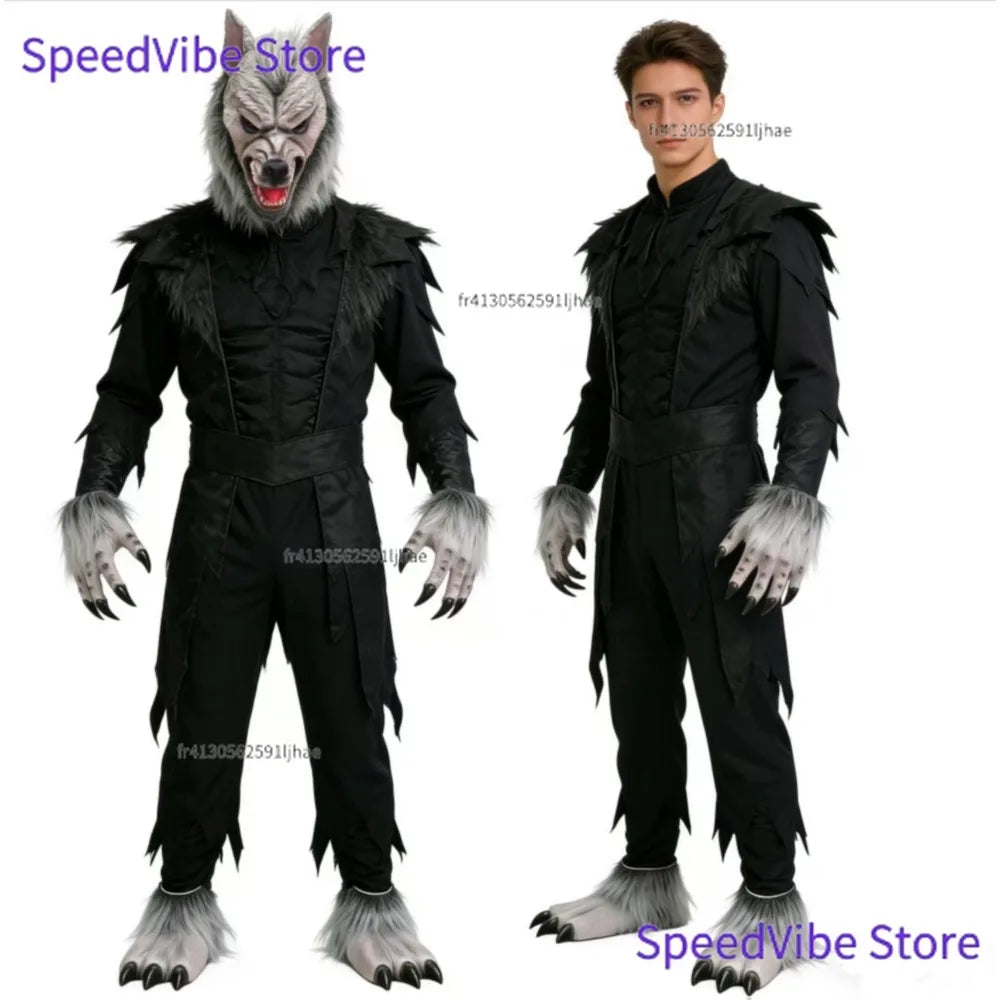 Kit de Disfraz de Cosplay de Hombre Lobo Talla Única para Halloween, Máscara de Lobo de Terror, Garras, Guantes, Disfraz para Juego de Roles, Broma, Fiesta de Cosplay