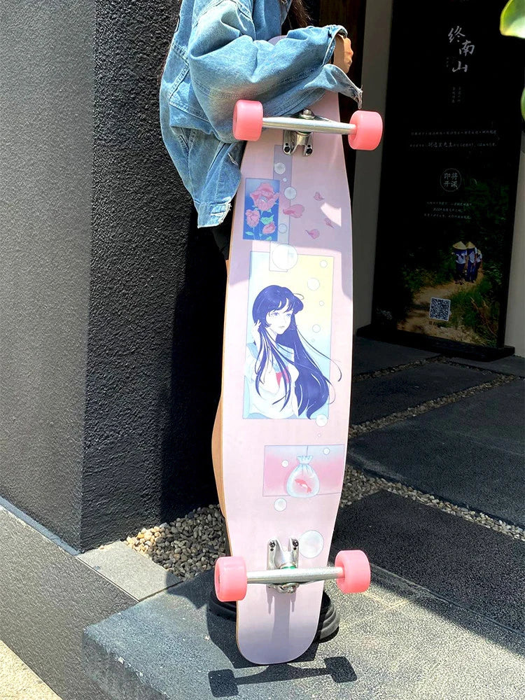Longboard con Patrón Láser, Tabla de Skate Profesional de Fibra de Vidrio, Ligera, Delgada y Flexible, Tabla de Baile Freestyle para Principiantes
