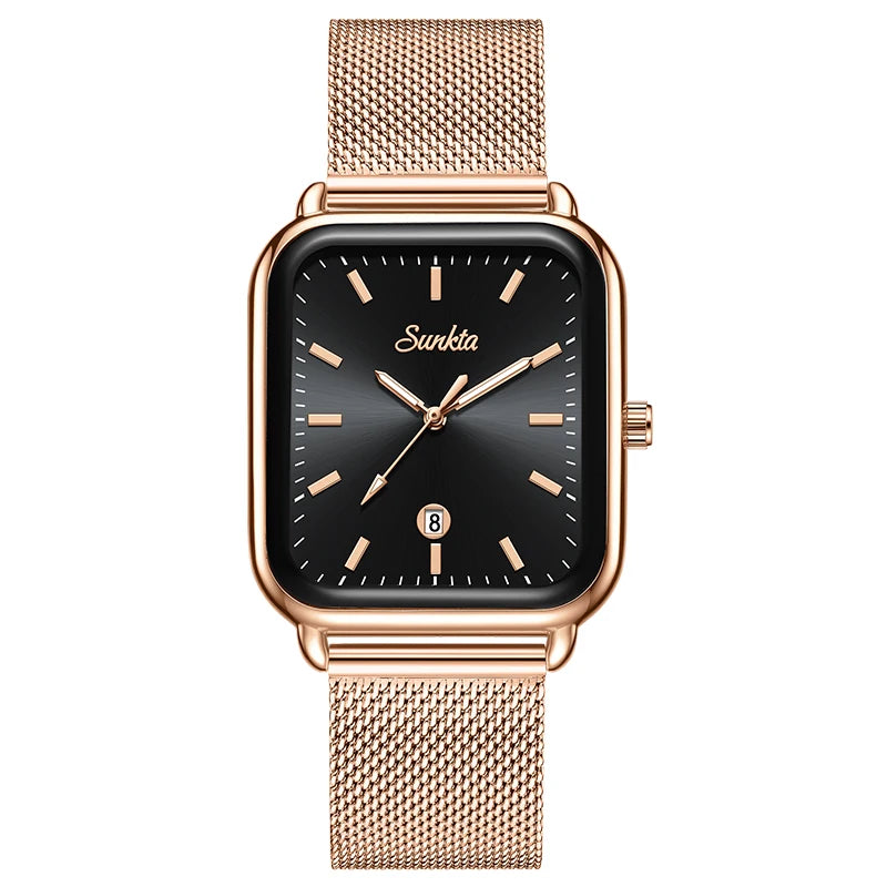 Reloj de lujo para mujer SUNKTA, esfera cuadrada, resistente al agua, con calendario, reloj de cuarzo elegante y de alta calidad para mujer.