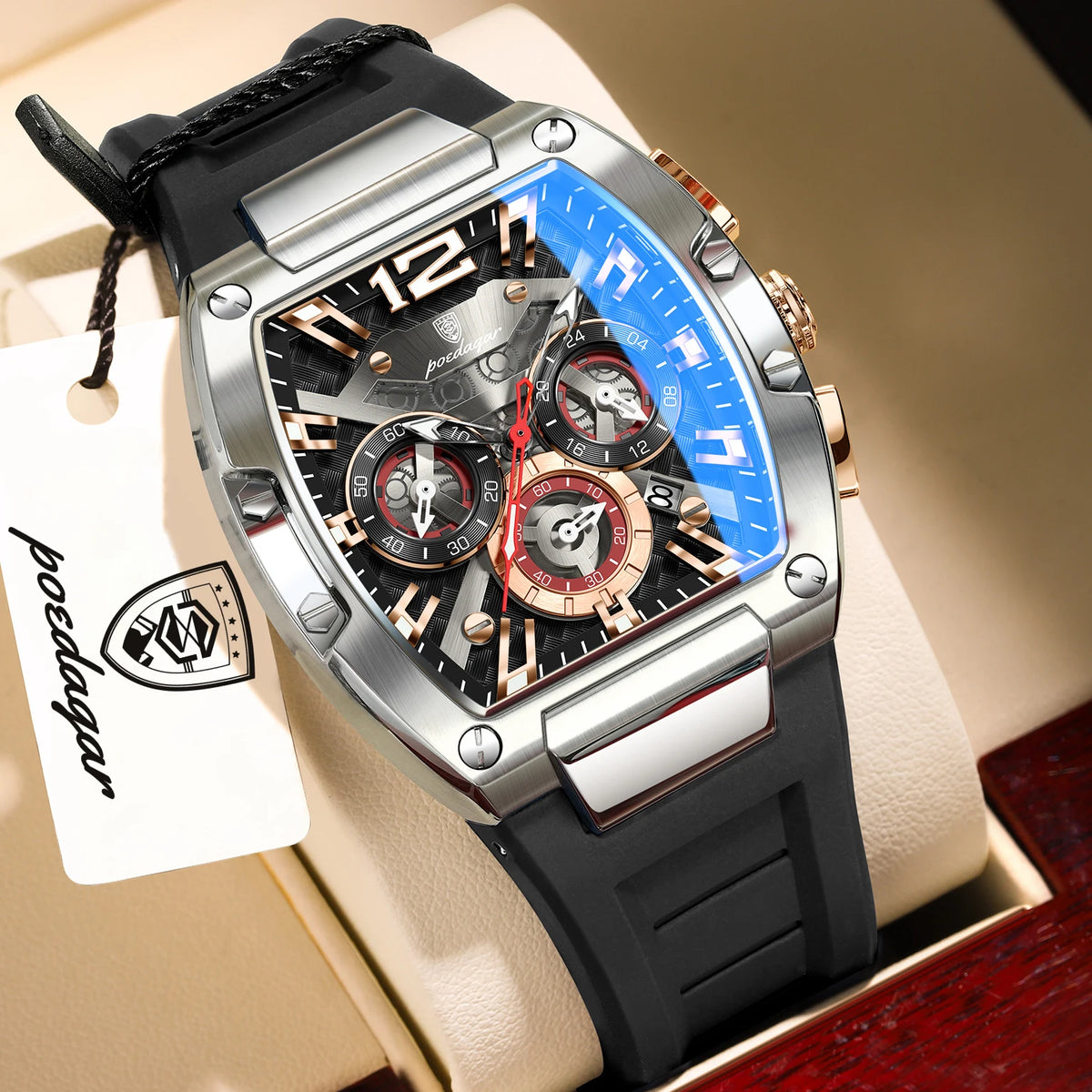 POEDAGAR Reloj de lujo para hombre, cronógrafo de cuarzo con fecha, correa de silicona, luminoso, resistente al agua, reloj deportivo de moda para hombre