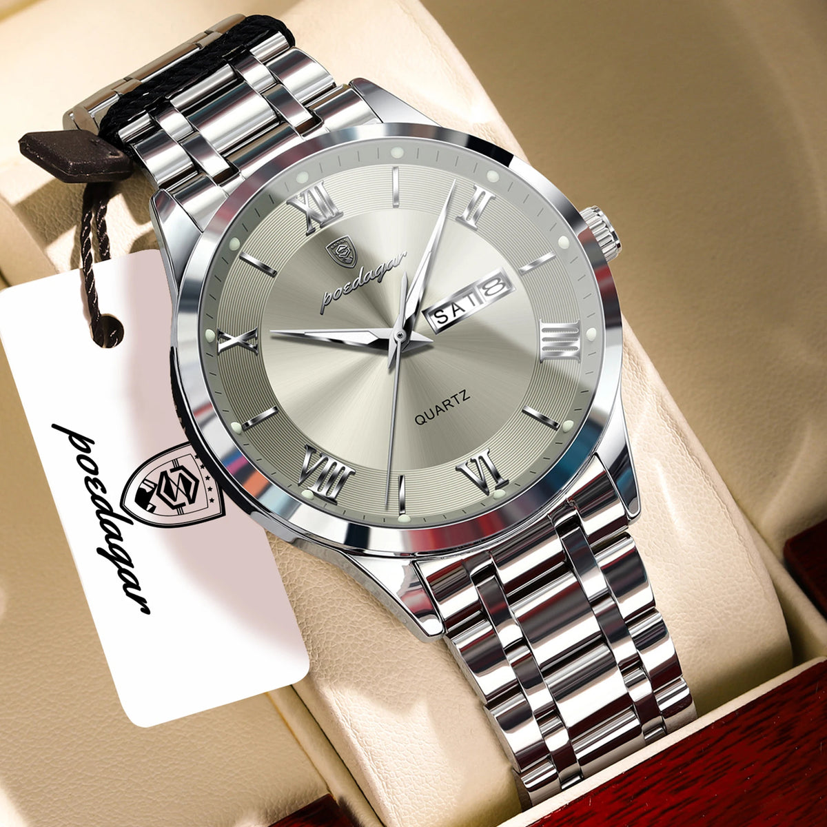 Reloj de pulsera para hombre POEDAGAR de moda, luminoso, impermeable, de acero inoxidable, con fecha y día, de cuarzo para negocios