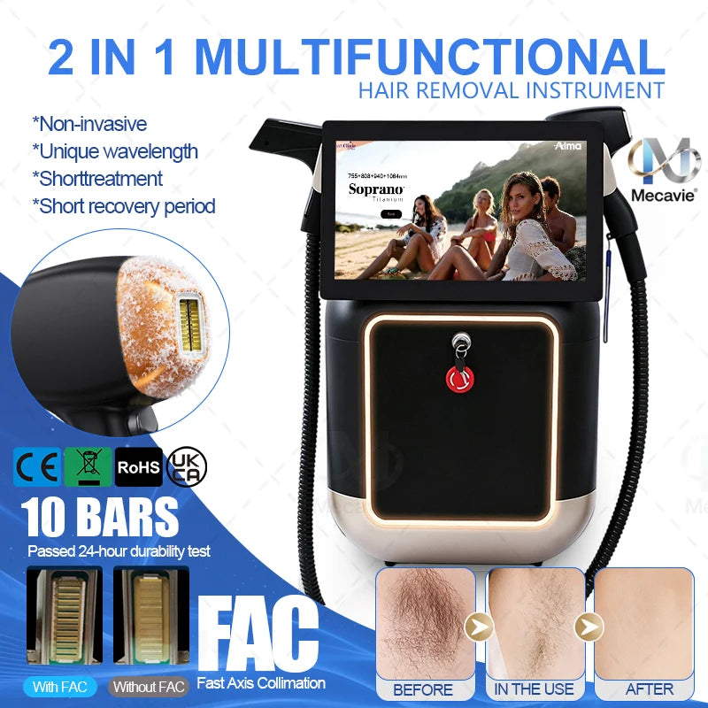 Máquina de Depilación Láser de Diodo 2 en 1 y Eliminación de Tatuajes por Picosegundos, 5 Longitudes de Onda 755 808 830 940 1064nm, Tecnología FAC, Enfriamiento por Hielo