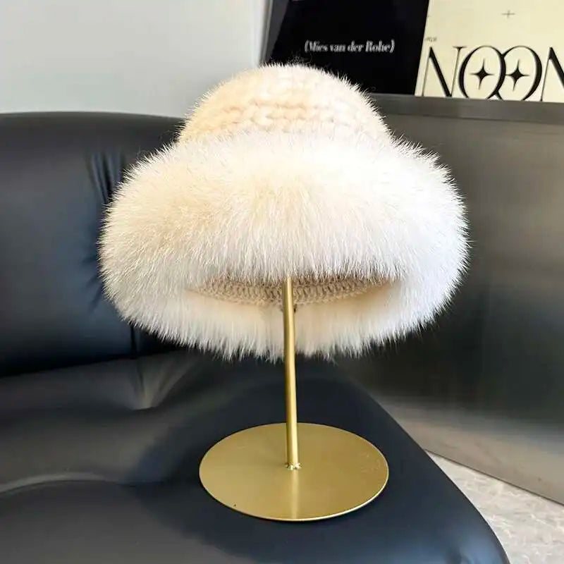 Gorro de piel de visón auténtica para mujer, gorro de pescador a la moda de invierno, gorro de piel de visón Natural con gorros de piel de zorro, gorro de bombardero de punto ruso
