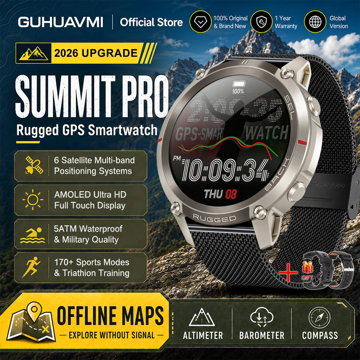 Reloj Inteligente GPS con Mapa Satelital Militar 2026, para Hombre, Pantalla AMOLED de 1.43'', Llamadas Bluetooth, Brújula, Resistente al Agua 5ATM, 170+ Deportes