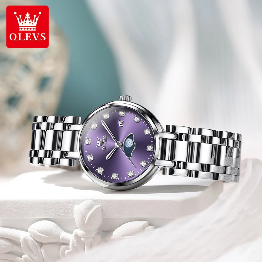 Reloj de cuarzo OLEVS para mujer, elegante y a la moda, con esfera de pedrería morada, resistente al agua, luminoso, original, de lujo.