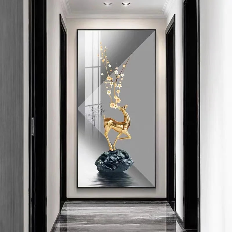 Cuadro decorativo LED con ciervo dorado y ramas, marco grande y luz integrada