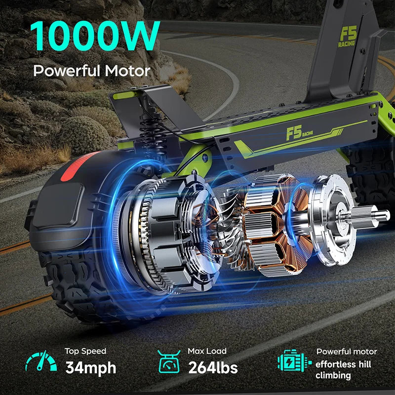 Patinete eléctrico con motor y chasis verde; detalle de rueda y suspensión
