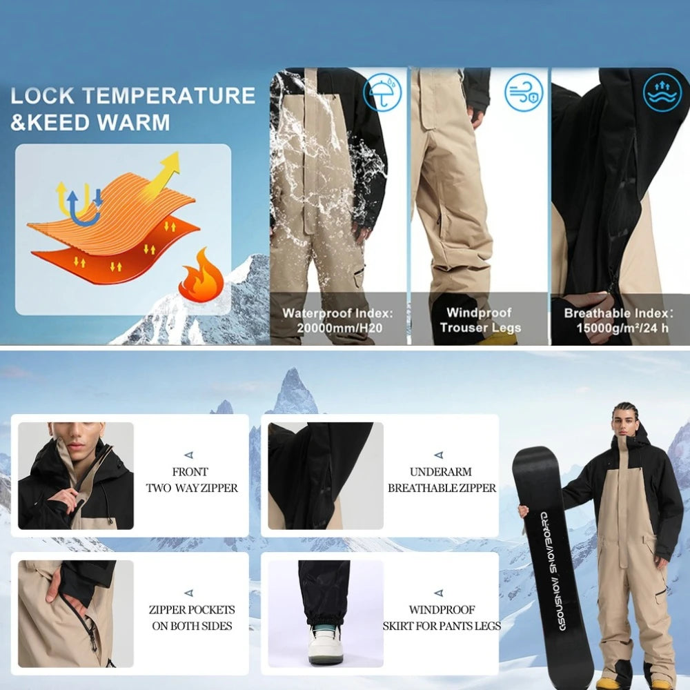 GSOU-traje de Snowboard holgado con franjas de diferente Color para hombre, mono de invierno de una pieza con aislamiento, mono de esquí impermeable para deportes alpinos