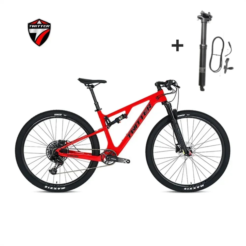 Bicicleta de montaña de fibra de carbono TWITTER OVERLORD M6100-12S con freno de disco hidráulico, doble suspensión y tubo de asiento con suspensión